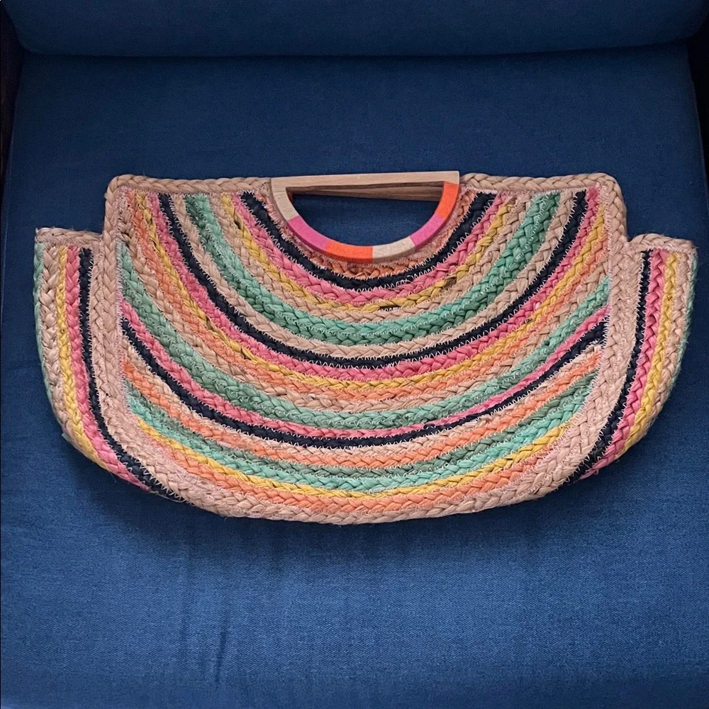 Shirtless Chicago rainbow jute purse wood handles beach vacation resort Boho